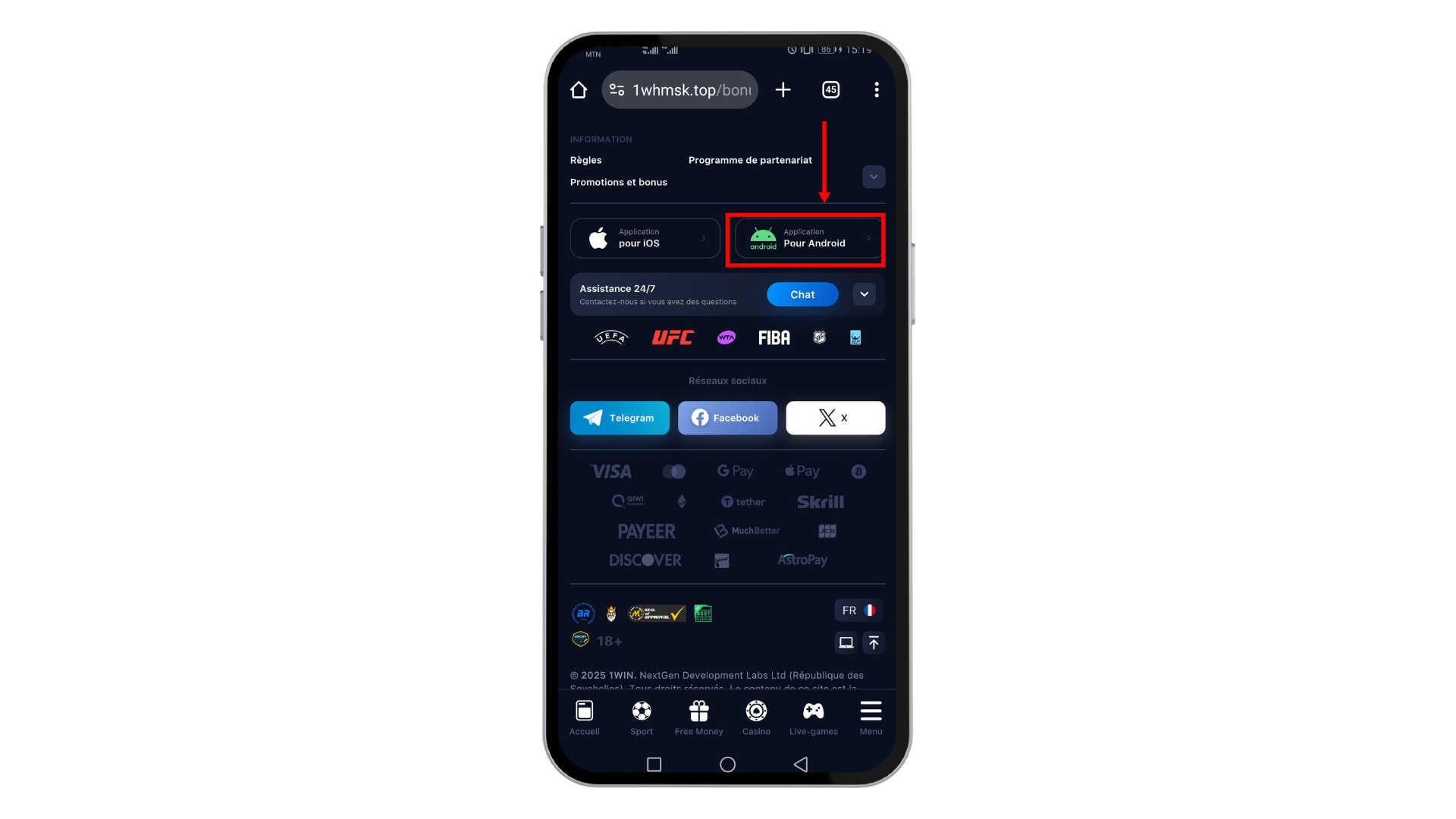 Télécharger 1win APK Sénégal