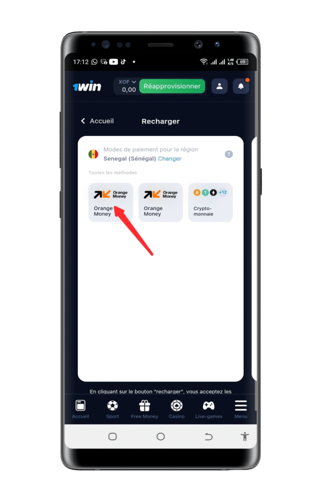 Choisir 1win Orange money Sénégal