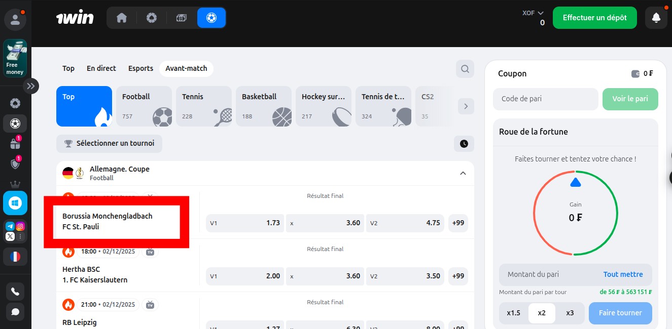 choisissez le mach sur lequel vous vous parier