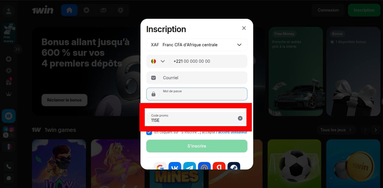 Entrer le code promo 1win senegal