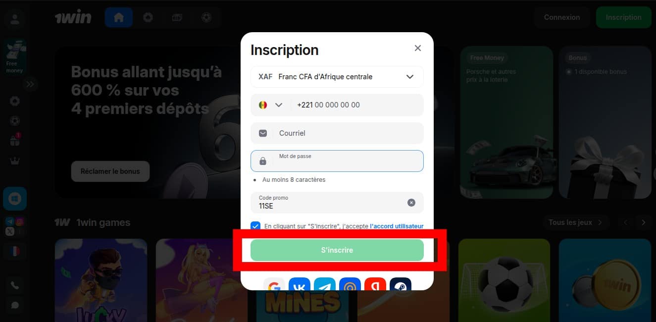 valider inscription 1win Sénégal