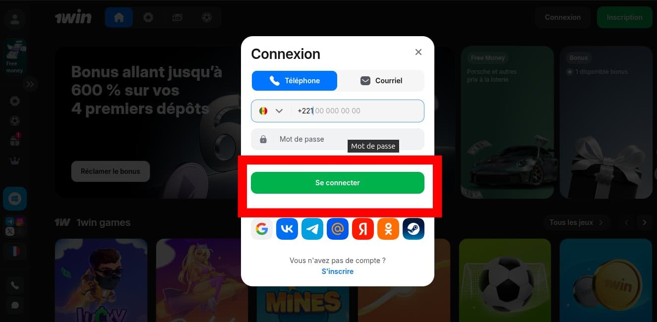 se connecter sur 1win senegal